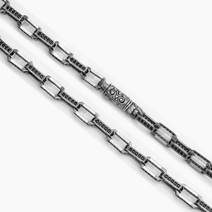 RARE PRINCE by CARAT SUTRA | 8mm Wide Oxidised Box Chain Studded With Black Zirconia Stone | 925 Sterling Silver Chain | Men's Jewelry | With Certificate of Authenticity and 925 Hallmark - Image 3