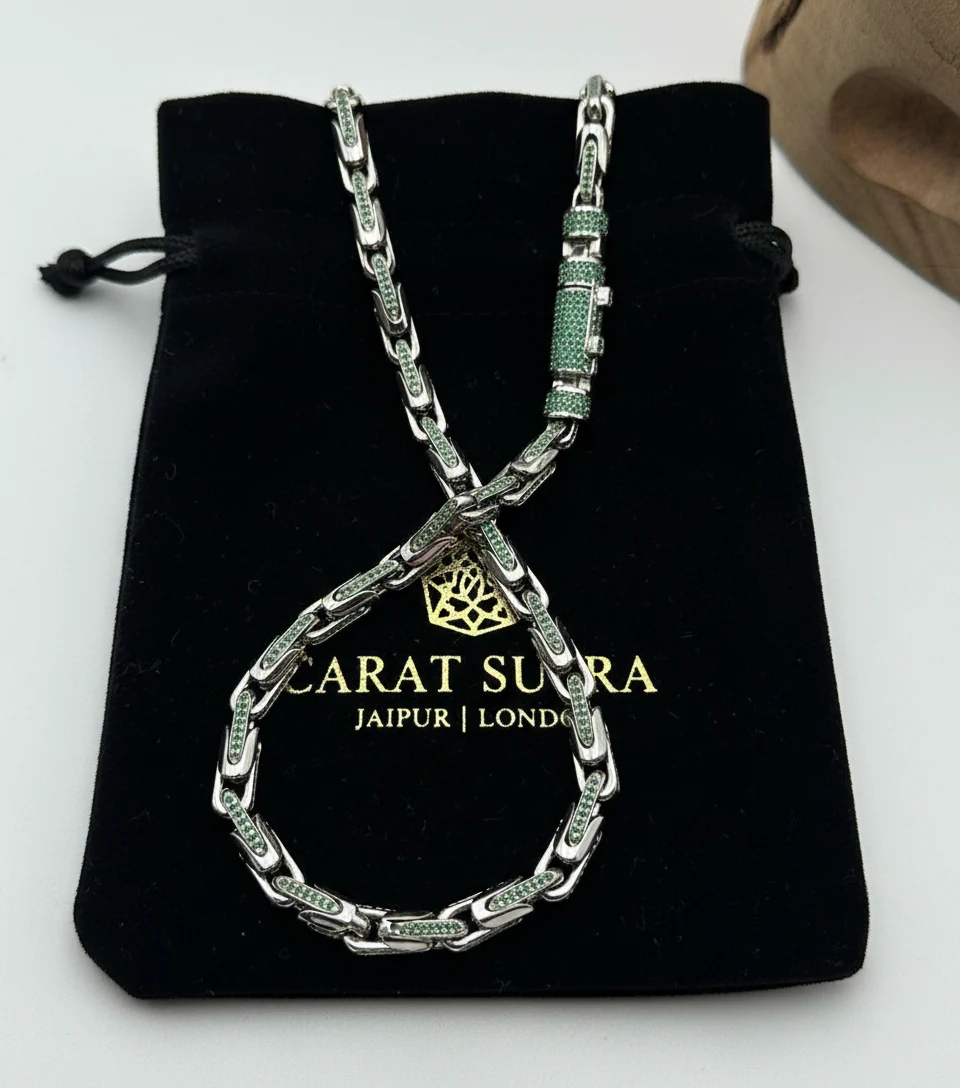 RARE PRINCE by CARAT SUTRA | Natural Emerald Stone Studded in Unique Link Chain | 925 Sterling Silver Chain with Rhodium Plating | Men's Jewelry | With Certificate of Authenticity and 925 Hallmark - Image 5