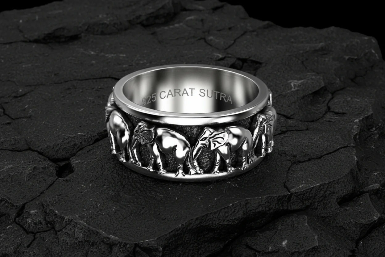 RARE PRINCE by CARAT SUTRA | Antique Designed Elephant Band Ring | 925 Sterling Silver Oxidized Ring | Men's Jewelry | With Certificate of Authenticity and 925 Hallmark