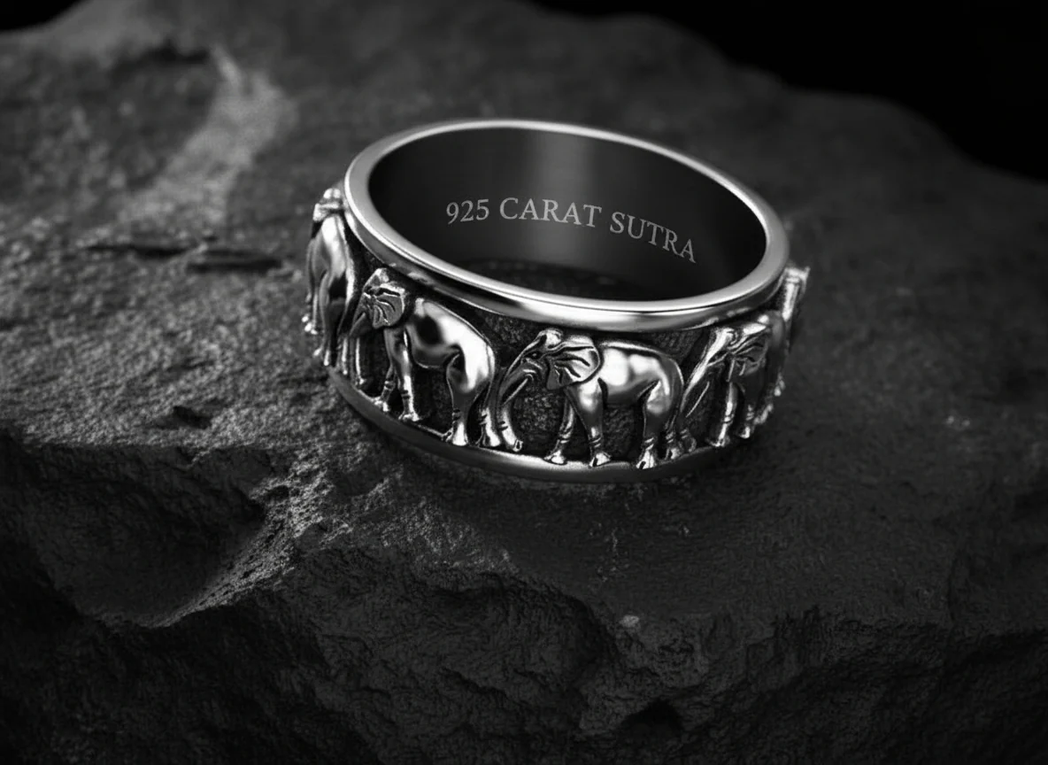 RARE PRINCE by CARAT SUTRA | Antique Designed Elephant Band Ring | 925 Sterling Silver Oxidized Ring | Men's Jewelry | With Certificate of Authenticity and 925 Hallmark - Image 2