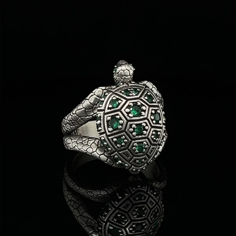 RARE PRINCE by CARAT SUTRA | Antique Designed Turtle Ring With Green Emerlad stone | 925 Sterling Silver Oxidized Ring | Men's Jewelry | With Certificate of Authenticity and 925 Hallmark