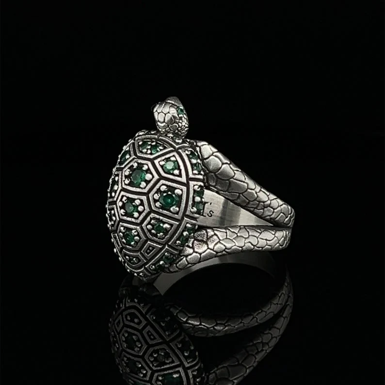 RARE PRINCE by CARAT SUTRA | Antique Designed Turtle Ring With Green Emerlad stone | 925 Sterling Silver Oxidized Ring | Men's Jewelry | With Certificate of Authenticity and 925 Hallmark - Image 2