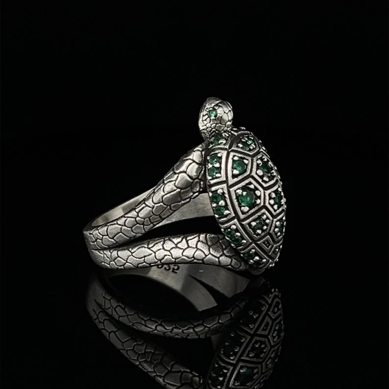 RARE PRINCE by CARAT SUTRA | Antique Designed Turtle Ring With Green Emerlad stone | 925 Sterling Silver Oxidized Ring | Men's Jewelry | With Certificate of Authenticity and 925 Hallmark - Image 3