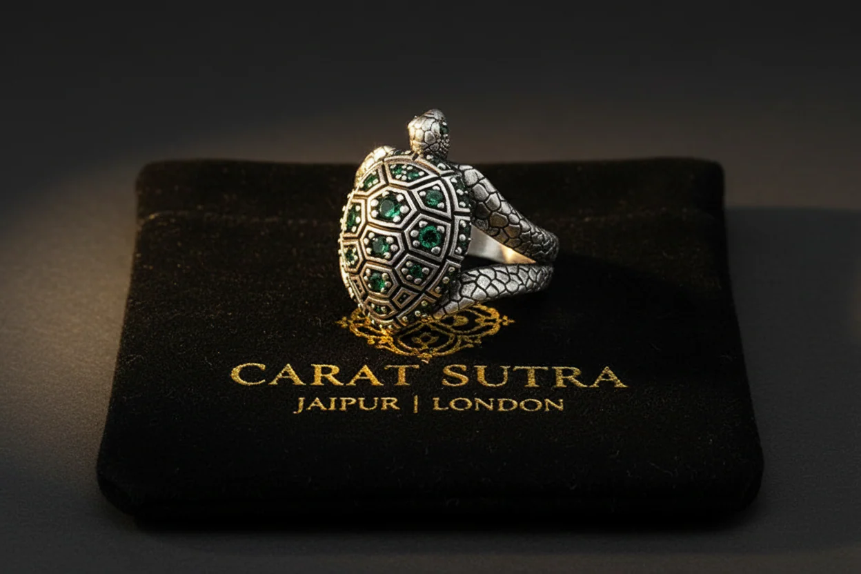 RARE PRINCE by CARAT SUTRA | Antique Designed Turtle Ring With Green Emerlad stone | 925 Sterling Silver Oxidized Ring | Men's Jewelry | With Certificate of Authenticity and 925 Hallmark - Image 4