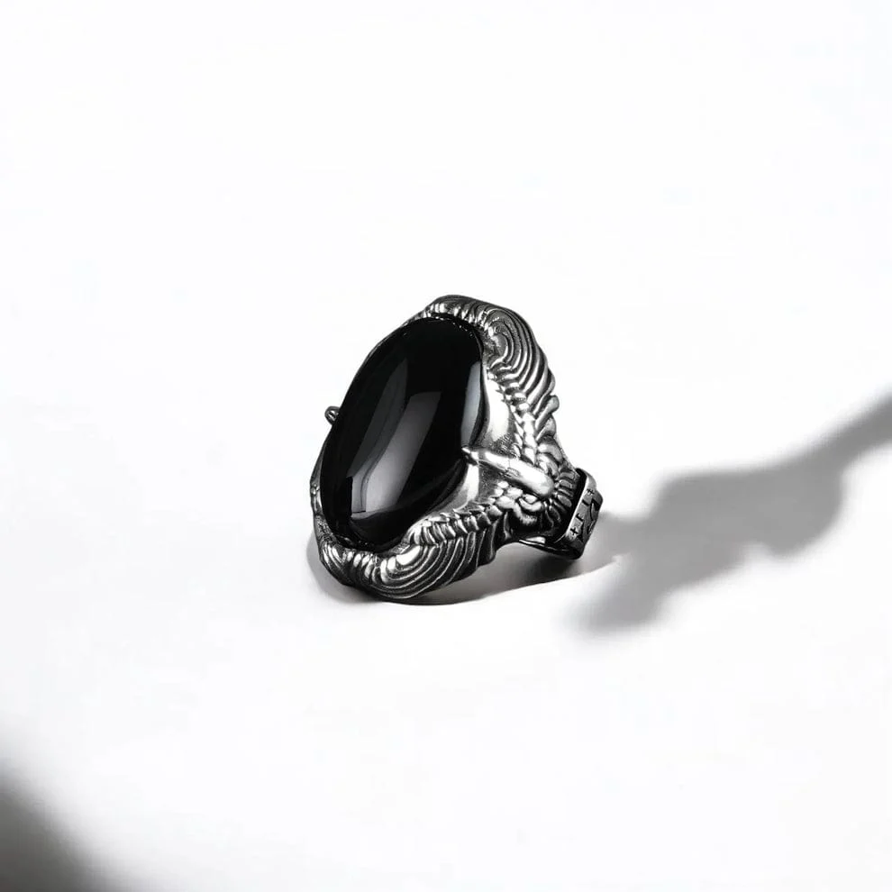 Biker Guy, Oval shaped Turkish Style Ring with Natural Black Onyx (Sulemani Aqeeq) with Eagle| 925 Sterling Silver Oxidized Ring | Men's Jewelry | With Certificate of Authenticity and 925 Hallmark (Copy) - Image 6