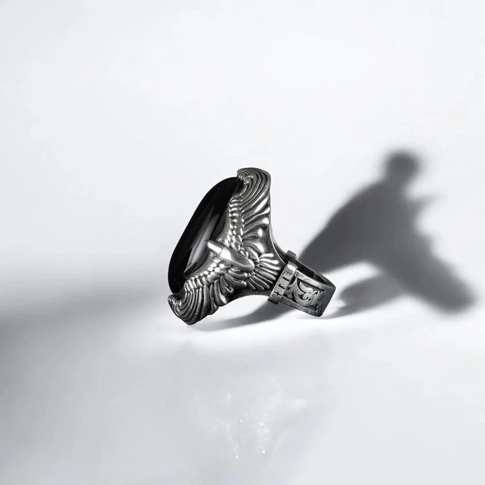 Biker Guy, Oval shaped Turkish Style Ring with Natural Black Onyx (Sulemani Aqeeq) with Eagle| 925 Sterling Silver Oxidized Ring | Men's Jewelry | With Certificate of Authenticity and 925 Hallmark (Copy) - Image 7