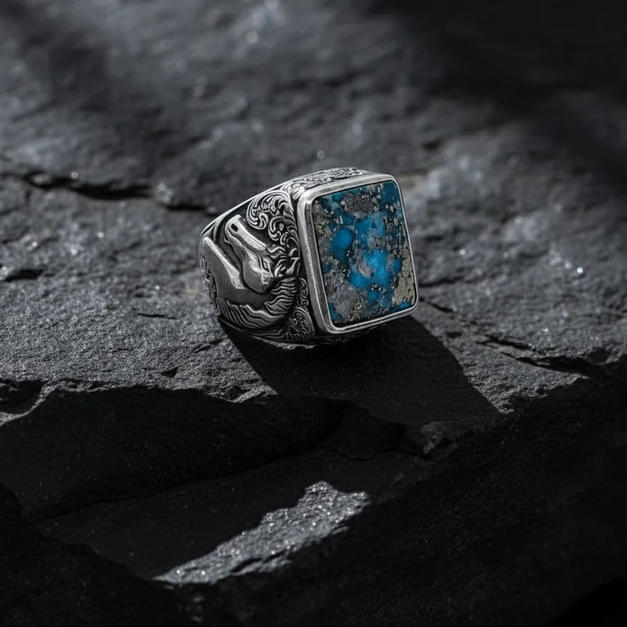 RARE PRINCE by CARAT SUTRA | Biker Guy, Oval shaped Turkish Style Ring with Natural Irani Turquoise (Firoza) with Horse | 925 Sterling Silver Oxidized Ring | Men's Jewelry | With Certificate of Authenticity and 925 Hallmark