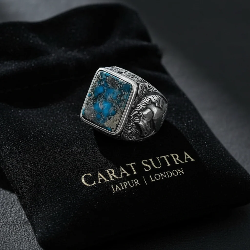 RARE PRINCE by CARAT SUTRA | Biker Guy, Oval shaped Turkish Style Ring with Natural Irani Turquoise (Firoza) with Horse | 925 Sterling Silver Oxidized Ring | Men's Jewelry | With Certificate of Authenticity and 925 Hallmark - Image 2