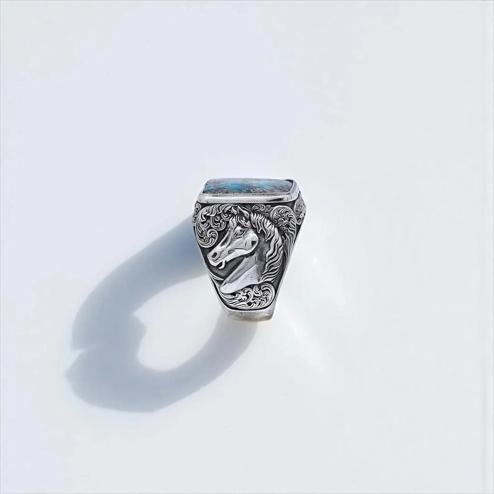 RARE PRINCE by CARAT SUTRA | Biker Guy, Oval shaped Turkish Style Ring with Natural Irani Turquoise (Firoza) with Horse | 925 Sterling Silver Oxidized Ring | Men's Jewelry | With Certificate of Authenticity and 925 Hallmark - Image 4
