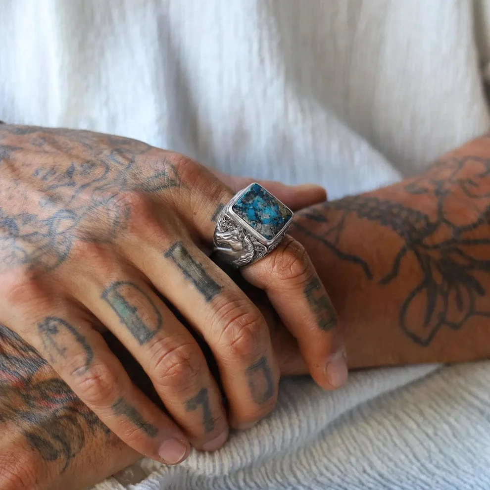 RARE PRINCE by CARAT SUTRA | Biker Guy, Oval shaped Turkish Style Ring with Natural Irani Turquoise (Firoza) with Horse | 925 Sterling Silver Oxidized Ring | Men's Jewelry | With Certificate of Authenticity and 925 Hallmark - Image 8