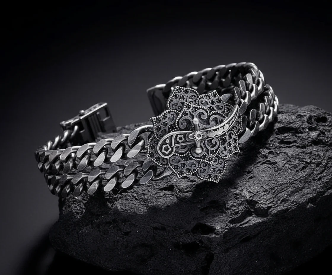 RARE PRINCE by CARAT SUTRA | Double Sided 20mm Wide Solid Oxidised Cuban Link Bracelet with Artistic Sword | Antique Finish 925 Sterling Silver Bracelet | Men's Jewelry | With Certificate of Authenticity and 925 Hallmark