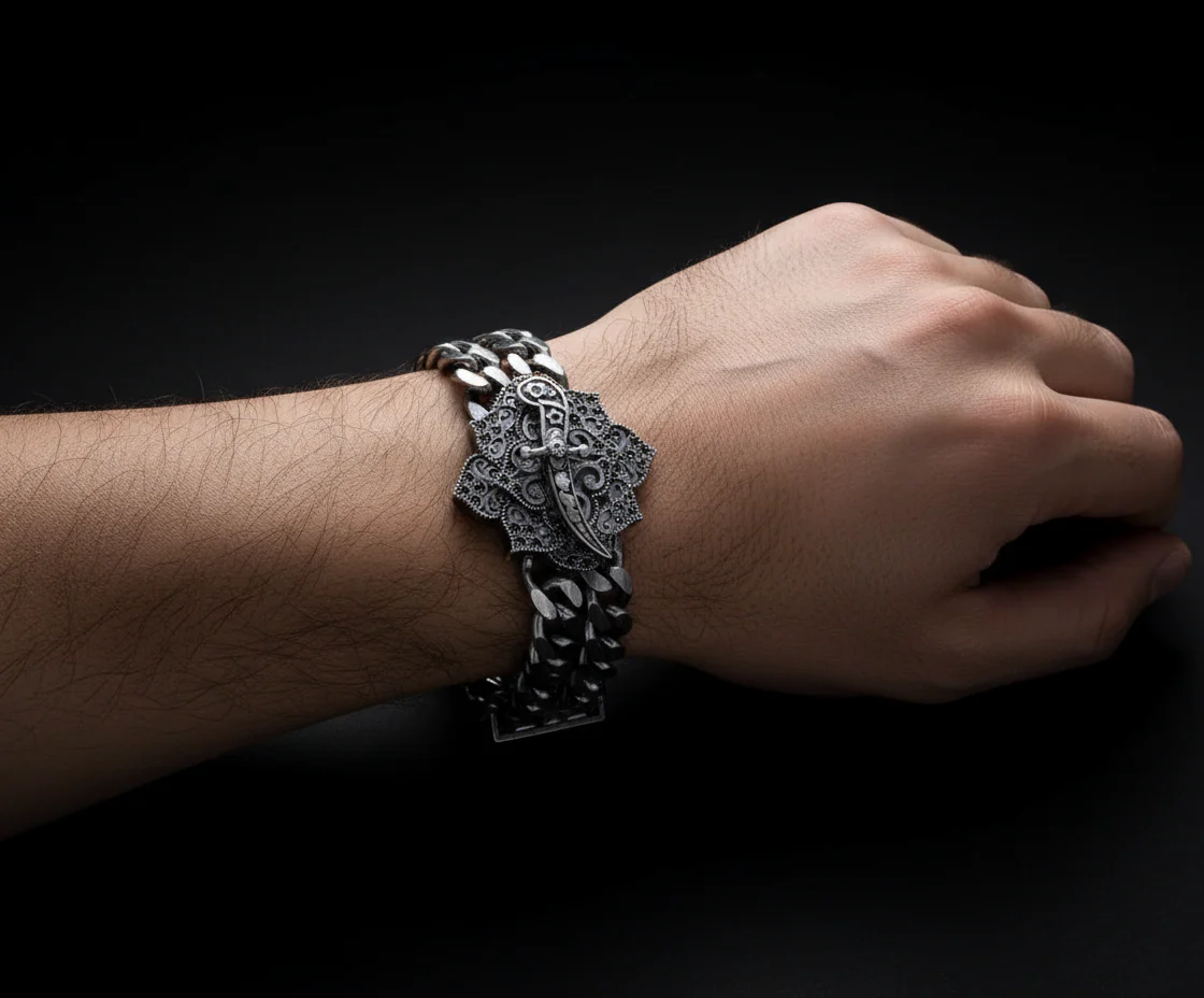 RARE PRINCE by CARAT SUTRA | Double Sided 20mm Wide Solid Oxidised Cuban Link Bracelet with Artistic Sword | Antique Finish 925 Sterling Silver Bracelet | Men's Jewelry | With Certificate of Authenticity and 925 Hallmark - Image 2