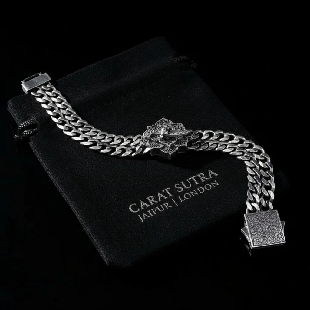 RARE PRINCE by CARAT SUTRA | Double Sided 20mm Wide Solid Oxidised Cuban Link Bracelet with Artistic Sword | Antique Finish 925 Sterling Silver Bracelet | Men's Jewelry | With Certificate of Authenticity and 925 Hallmark - Image 3