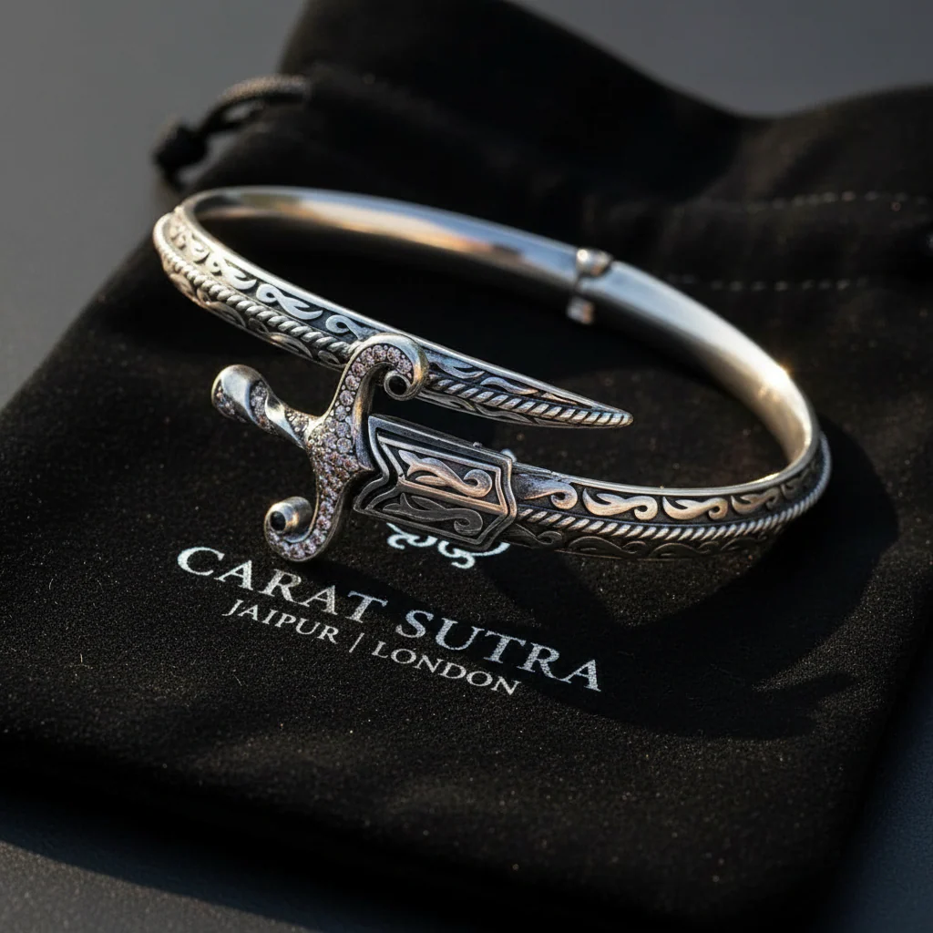 RARE PRINCE by CARAT SUTRA | Exclusive Adjustable Silver Sword studded with Black Zirconia Handcuff Bracelet for Men & Boys | 925 Sterling Silver Bracelet | Men's Jewelry | With Certificate of Authenticity and 925 Hallmark - Image 2