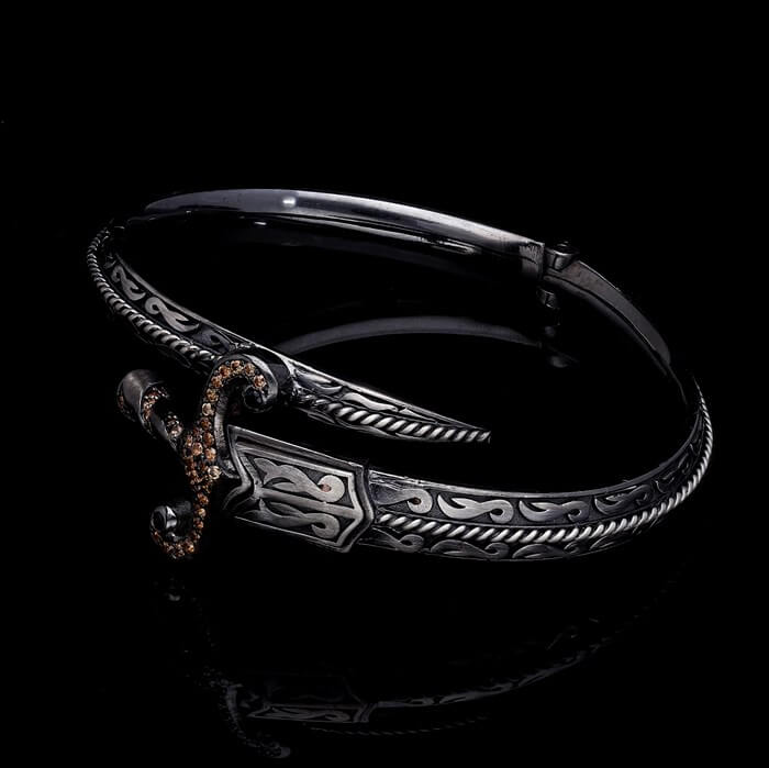 RARE PRINCE by CARAT SUTRA | Exclusive Adjustable Silver Sword studded with Black Zirconia Handcuff Bracelet for Men & Boys | 925 Sterling Silver Bracelet | Men's Jewelry | With Certificate of Authenticity and 925 Hallmark - Image 3