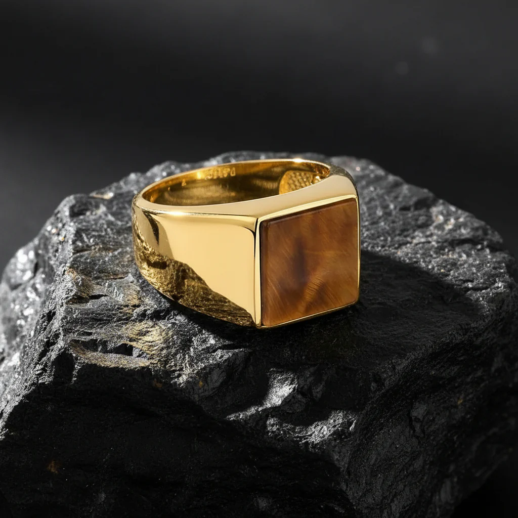 RARE PRINCE by CARAT SUTRA | Exclusive Classic Gold Signet Statement Ring with Natural Pearl/ Tiger Eye, Sterling Silver 925 Ring | Jewellery for Men| With Certificate of Authenticity and 925 Hallmark