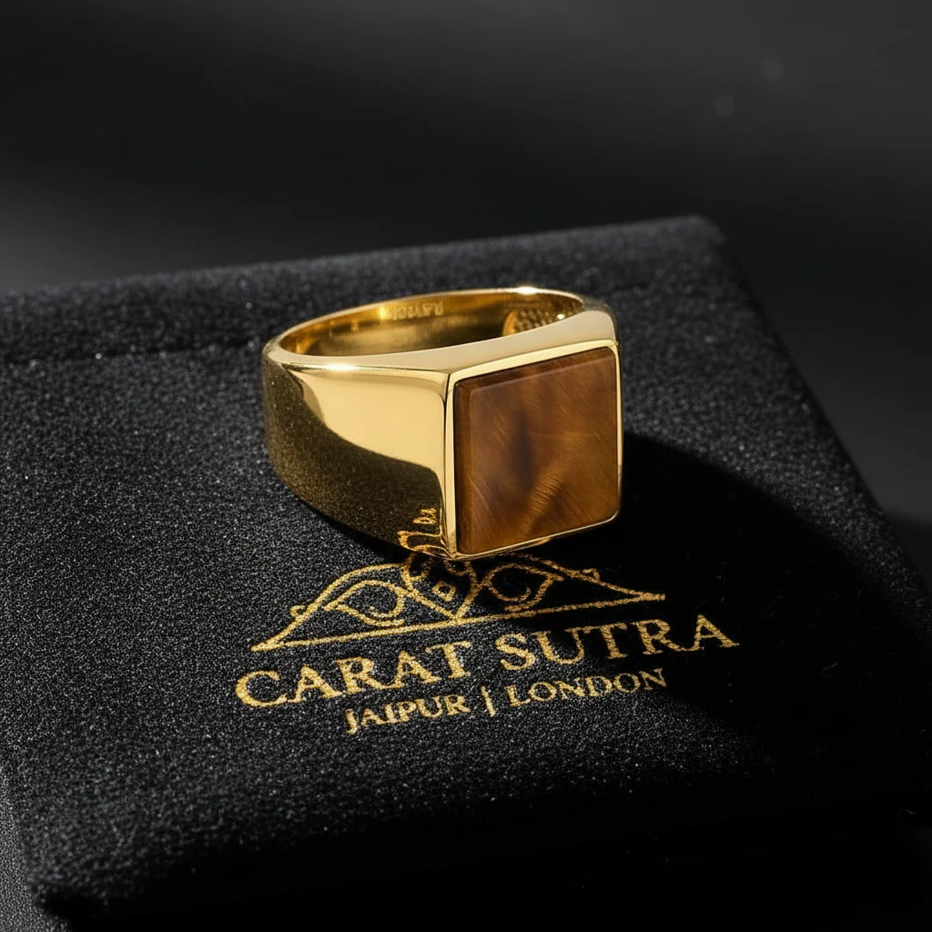 RARE PRINCE by CARAT SUTRA | Exclusive Classic Gold Signet Statement Ring with Natural Pearl/ Tiger Eye, Sterling Silver 925 Ring | Jewellery for Men| With Certificate of Authenticity and 925 Hallmark - Image 3