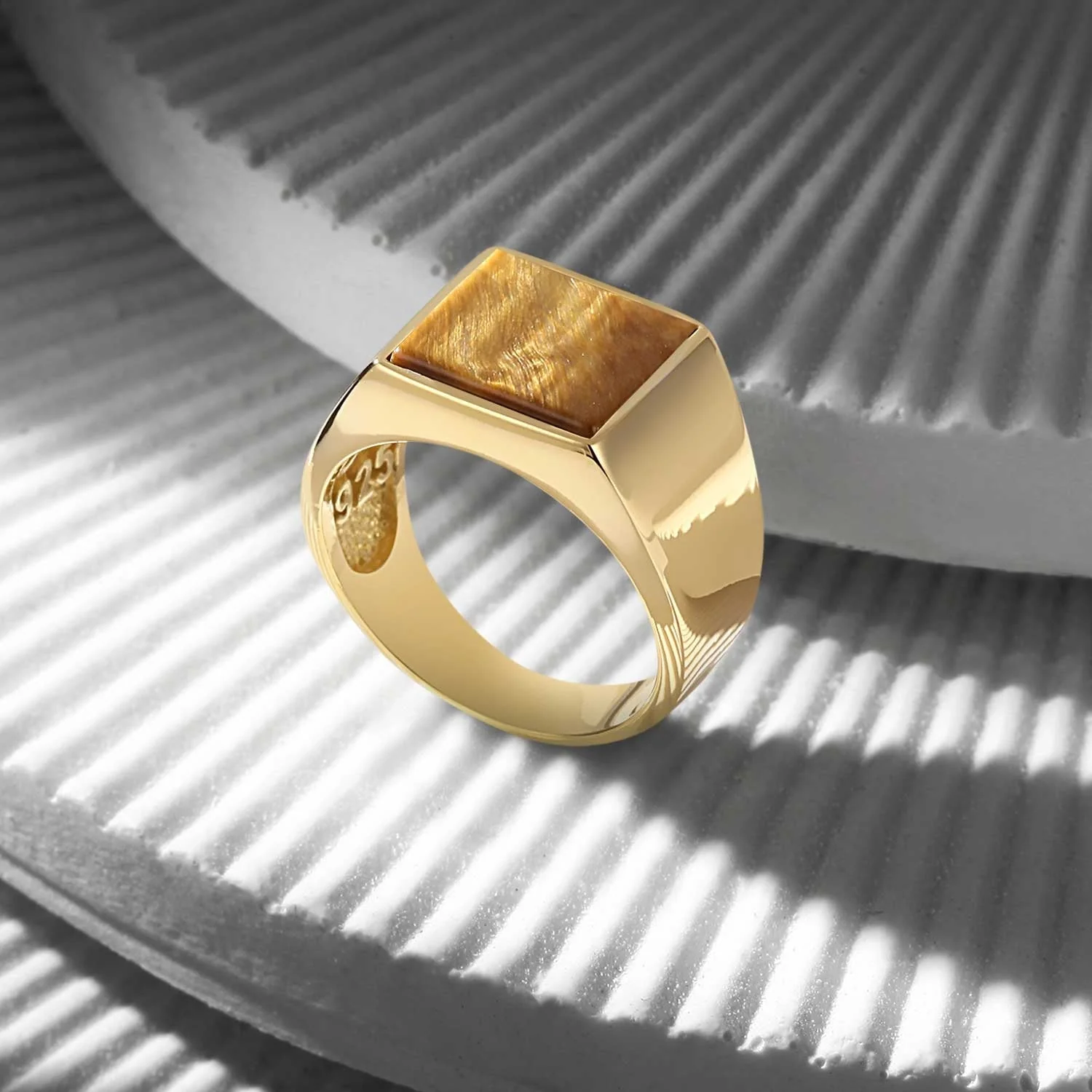 RARE PRINCE by CARAT SUTRA | Exclusive Classic Gold Signet Statement Ring with Natural Pearl/ Tiger Eye, Sterling Silver 925 Ring | Jewellery for Men| With Certificate of Authenticity and 925 Hallmark - Image 4