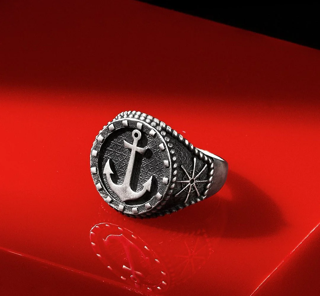 RARE PRINCE by CARAT SUTRA | Exclusive Oxidised Signet Style Sailor's Anchor Ring, Sterling Silver 925 Ring | Jewellery for Men| With Certificate of Authenticity and 925 Hallmark
