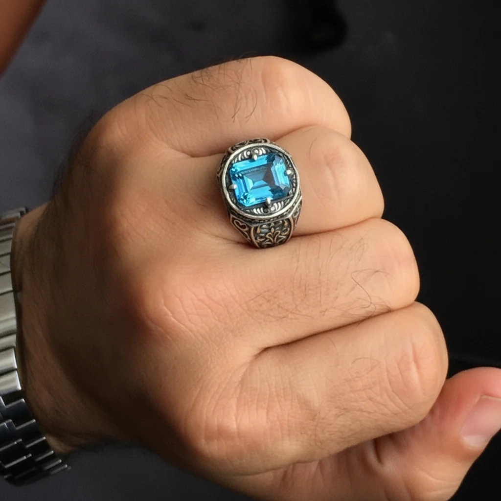RARE PRINCE by CARAT SUTRA | Exclusively Designed Ring with AAA Cut Octagonal Blue Topaz | 925 Sterling Silver Oxidized Hand-engraved Ring | Men's Jewelry | With Certificate of Authenticity and 925 Hallmark - Image 2