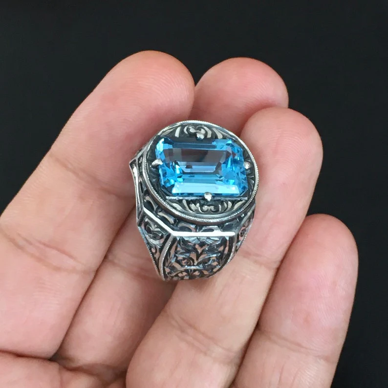 RARE PRINCE by CARAT SUTRA | Exclusively Designed Ring with AAA Cut Octagonal Blue Topaz | 925 Sterling Silver Oxidized Hand-engraved Ring | Men's Jewelry | With Certificate of Authenticity and 925 Hallmark - Image 3