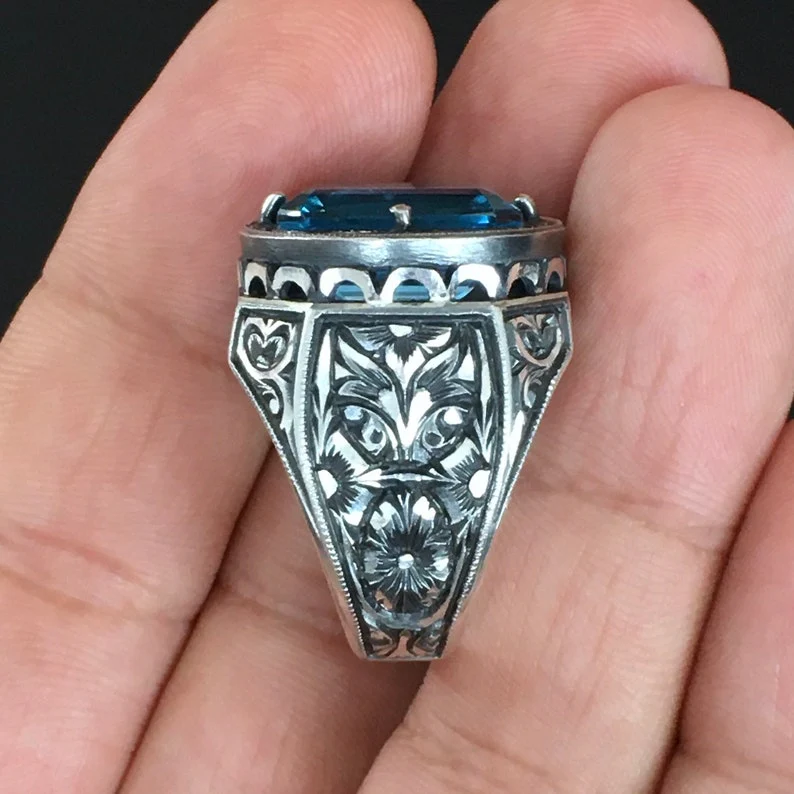 RARE PRINCE by CARAT SUTRA | Exclusively Designed Ring with AAA Cut Octagonal Blue Topaz | 925 Sterling Silver Oxidized Hand-engraved Ring | Men's Jewelry | With Certificate of Authenticity and 925 Hallmark - Image 4