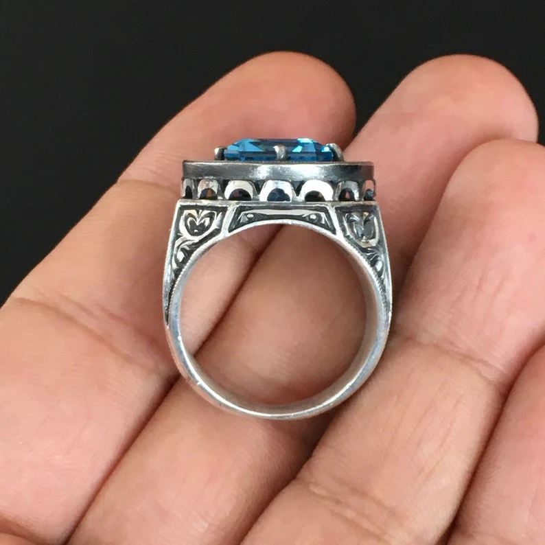 RARE PRINCE by CARAT SUTRA | Exclusively Designed Ring with AAA Cut Octagonal Blue Topaz | 925 Sterling Silver Oxidized Hand-engraved Ring | Men's Jewelry | With Certificate of Authenticity and 925 Hallmark - Image 5