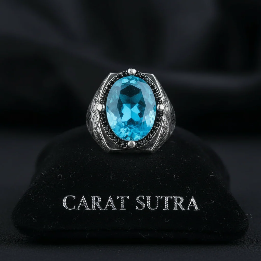 RARE PRINCE by CARAT SUTRA | Exclusively Designed Ring with Blue Topaz | 925 Sterling Silver Oxidized Ring | Men's Jewelry | With Certificate of Authenticity and 925 Hallmark - Image 2