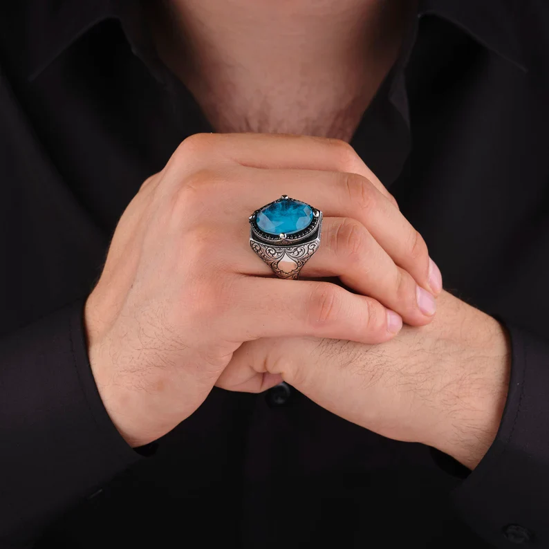 RARE PRINCE by CARAT SUTRA | Exclusively Designed Ring with Blue Topaz | 925 Sterling Silver Oxidized Ring | Men's Jewelry | With Certificate of Authenticity and 925 Hallmark - Image 5