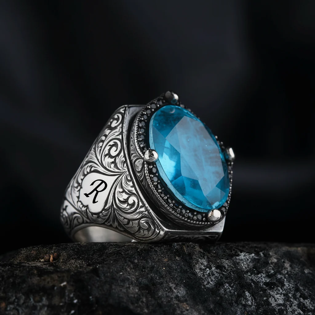 RARE PRINCE by CARAT SUTRA | Exclusively Designed Ring with Blue Topaz | 925 Sterling Silver Oxidized Ring | Men's Jewelry | With Certificate of Authenticity and 925 Hallmark - Image 6