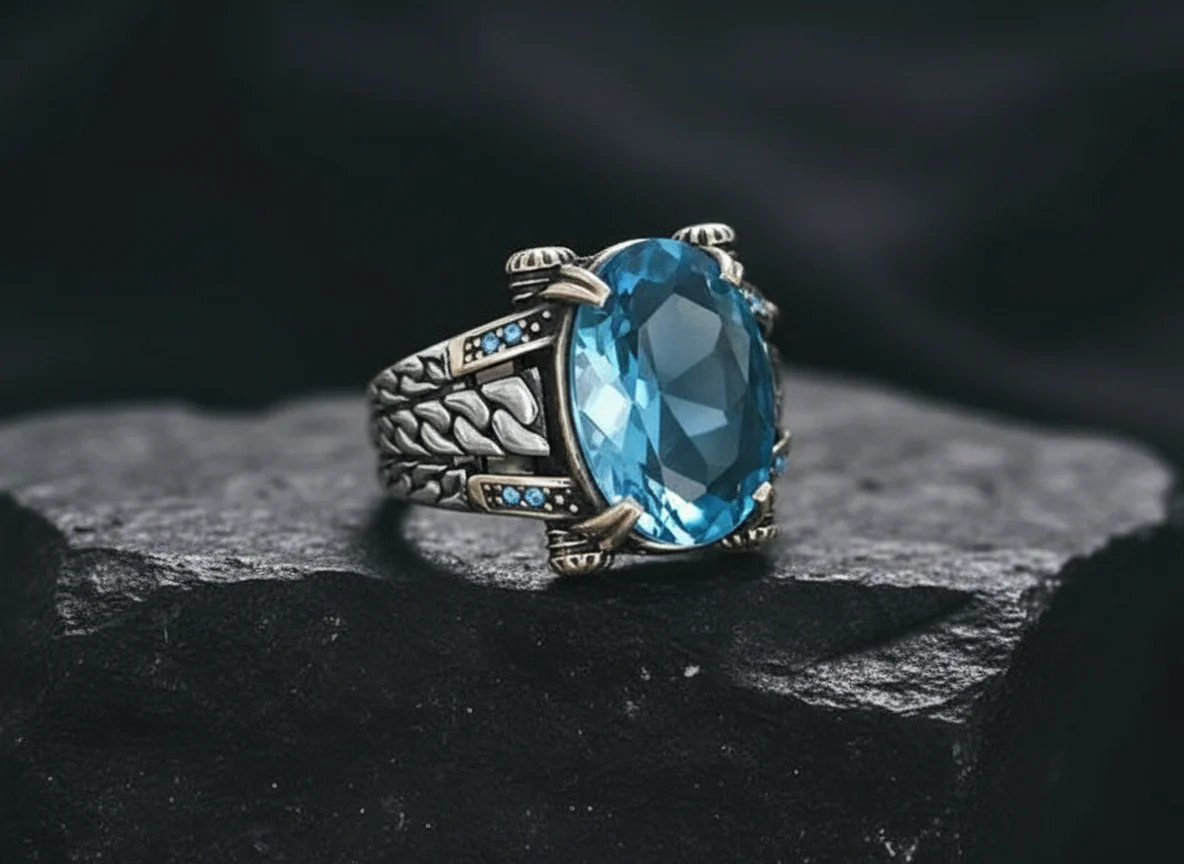 RARE PRINCE by CARAT SUTRA | Exclusively Designed Ring with Blue Topaz | 925 Sterling Silver Oxidized Ring | Men's Jewelry | With Certificate of Authenticity and 925 Hallmark