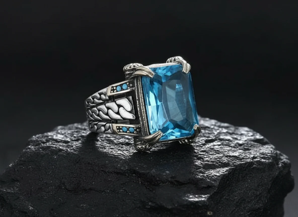 RARE PRINCE by CARAT SUTRA | Exclusively Designed Ring with Blue Topaz | 925 Sterling Silver Oxidized Ring | Men's Jewelry | With Certificate of Authenticity and 925 Hallmark - Image 5