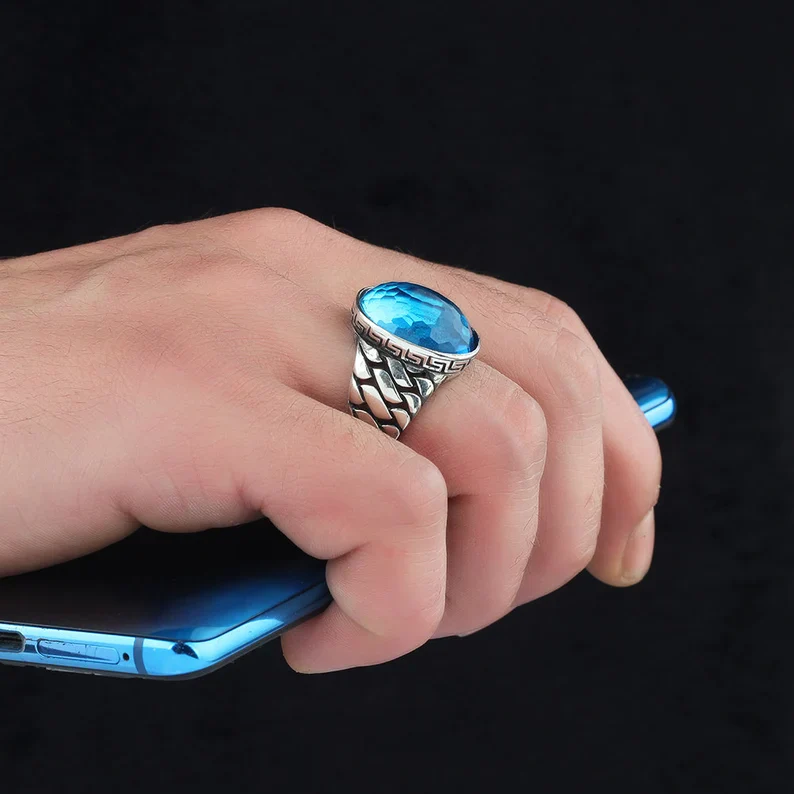 RARE PRINCE by CARAT SUTRA | Exclusively Designed Ring with Blue Topaz | 925 Sterling Silver Oxidized Ring | Men's Jewelry | With Certificate of Authenticity and 925 Hallmark - Image 2