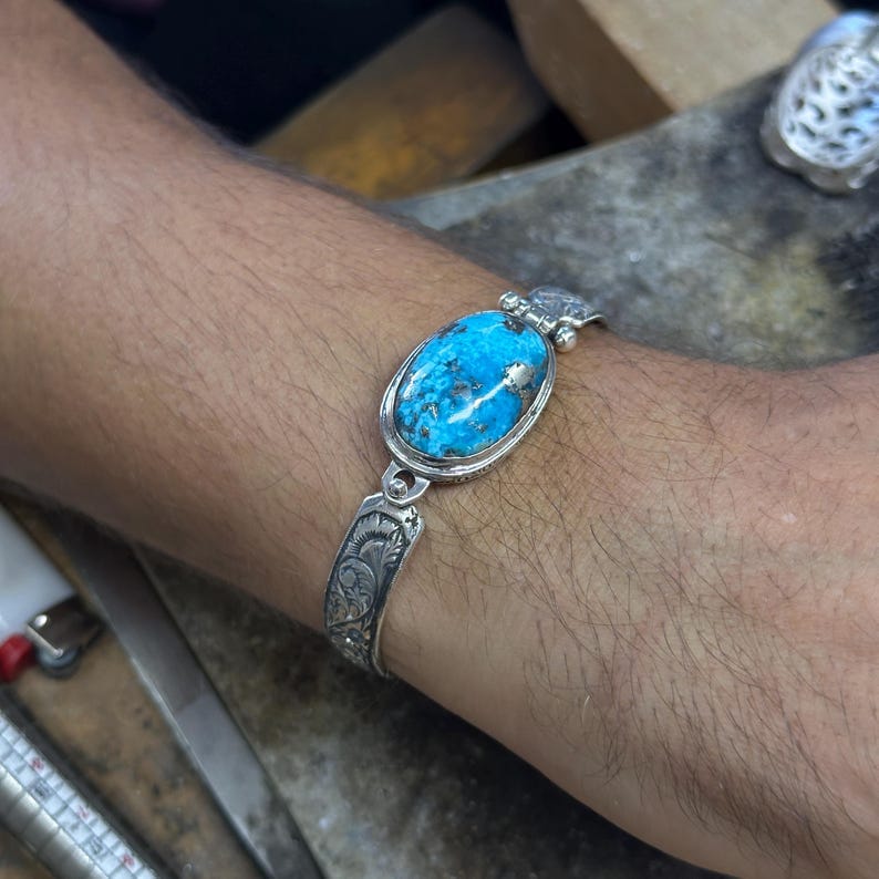 Hand-Engraved Bracelet Cuff with 35 Ct Natural Irani Turquoise | 925 Sterling Silver Bracelet | With Certificate of Authenticity and 925 Hallmark - Image 2