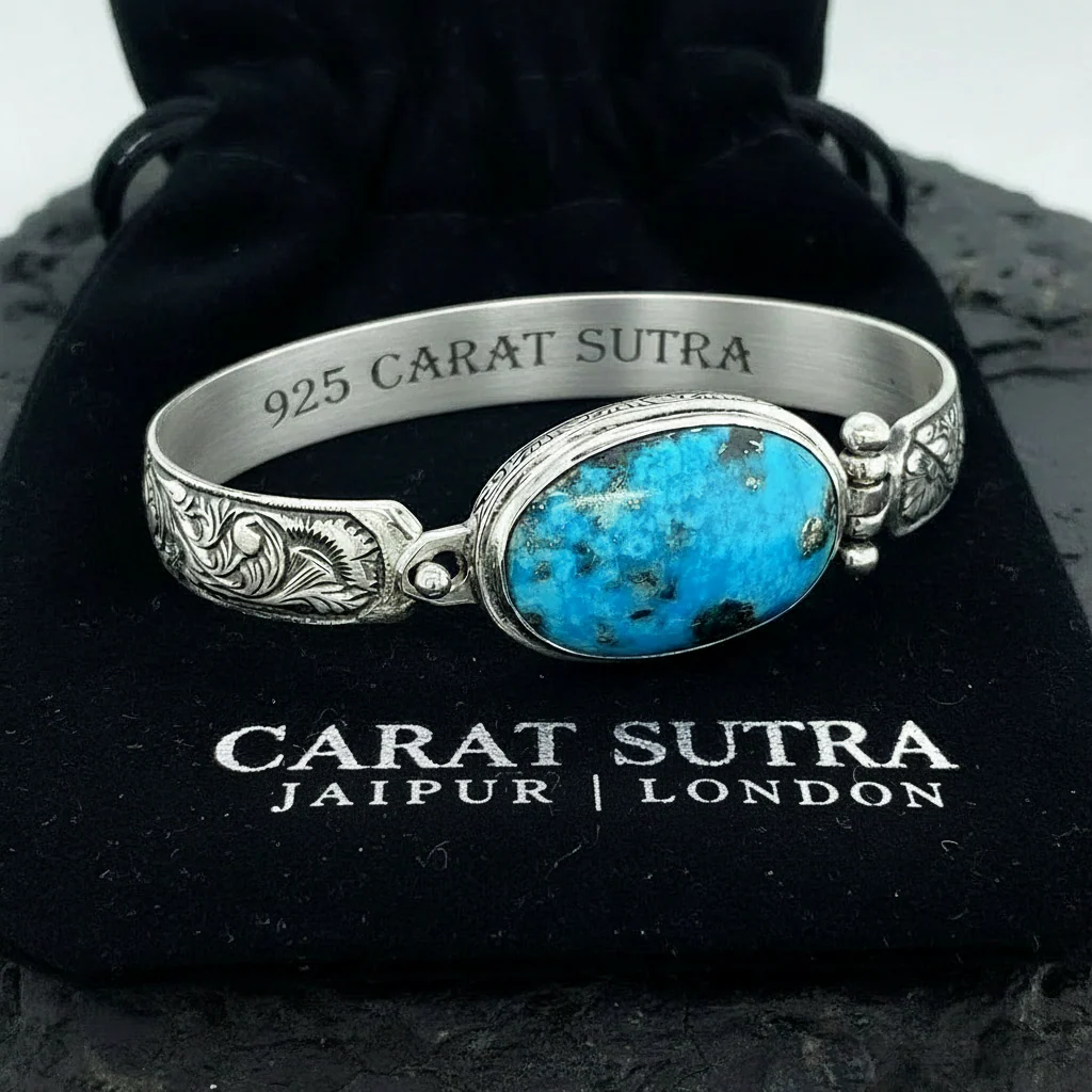 Hand-Engraved Bracelet Cuff with 35 Ct Natural Irani Turquoise | 925 Sterling Silver Bracelet | With Certificate of Authenticity and 925 Hallmark - Image 3