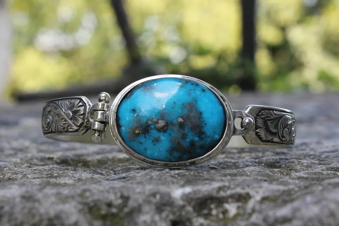 Hand-Engraved Bracelet Cuff with 35 Ct Natural Irani Turquoise | 925 Sterling Silver Bracelet | With Certificate of Authenticity and 925 Hallmark - Image 4