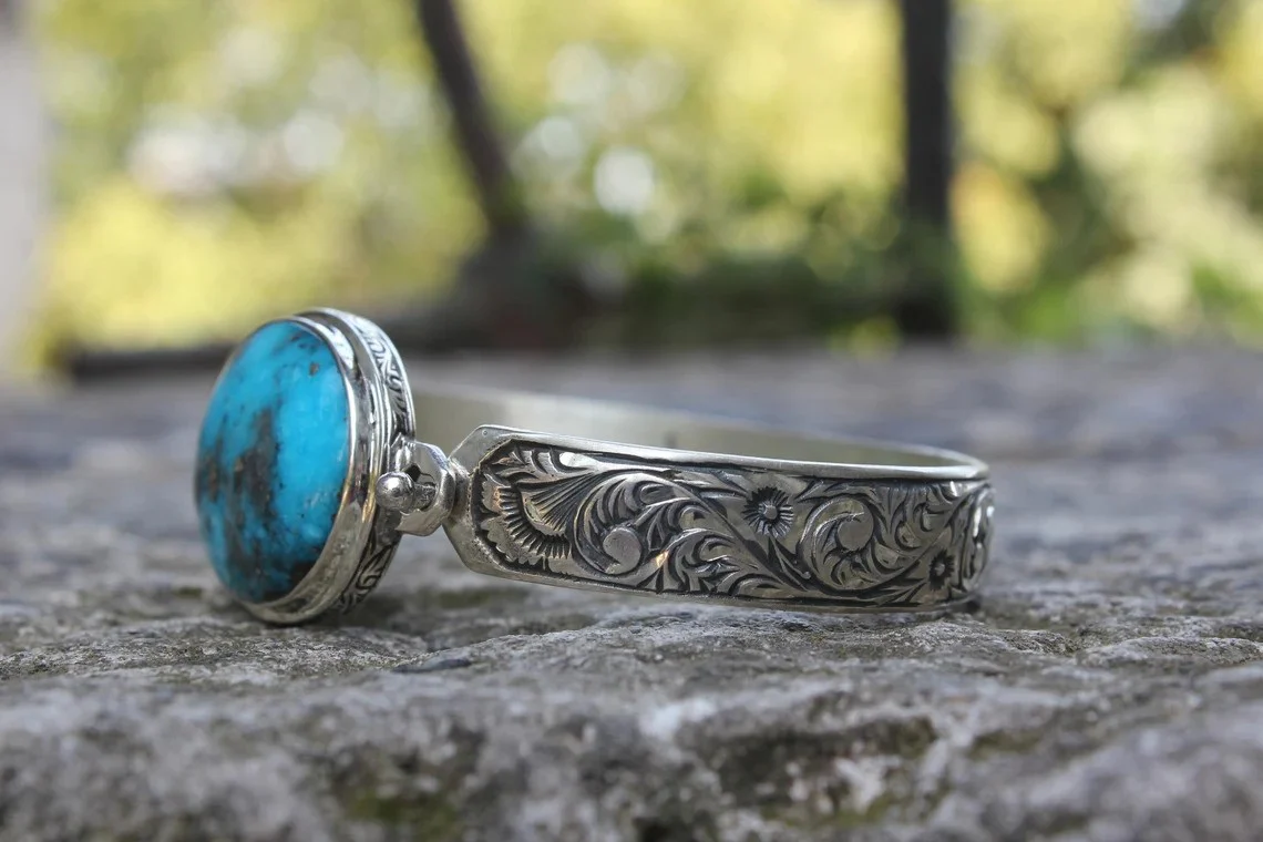 Hand-Engraved Bracelet Cuff with 35 Ct Natural Irani Turquoise | 925 Sterling Silver Bracelet | With Certificate of Authenticity and 925 Hallmark - Image 6