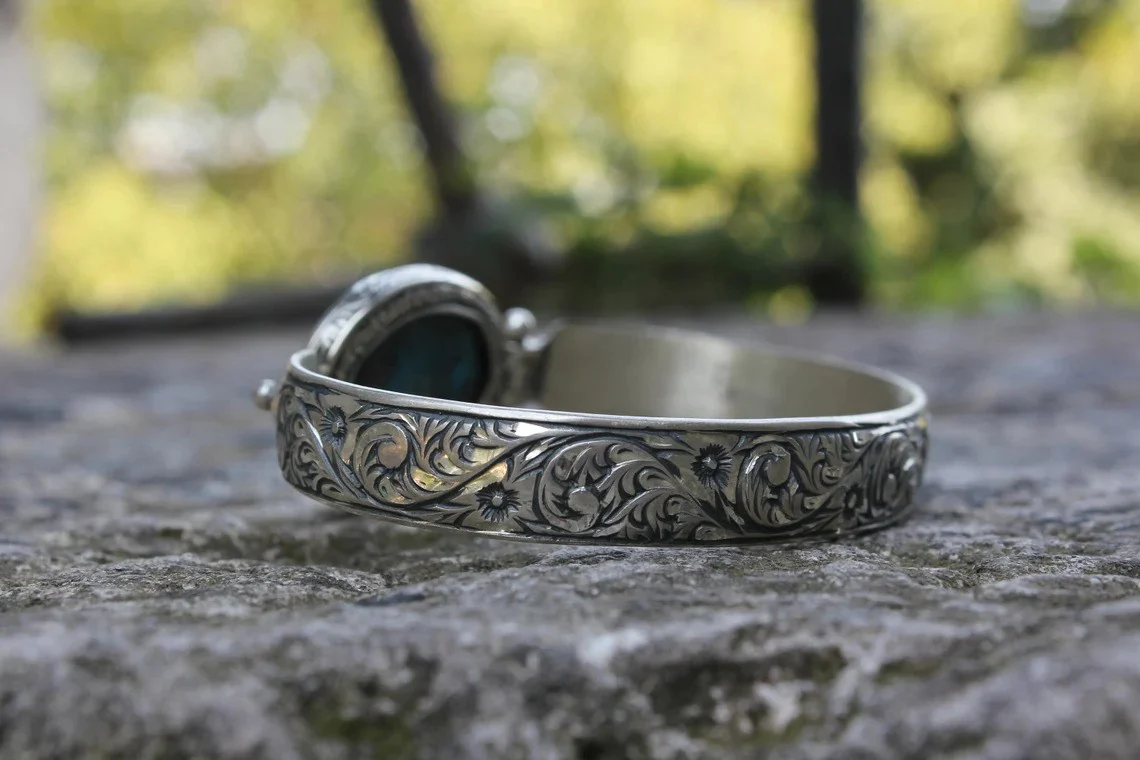 Hand-Engraved Bracelet Cuff with 35 Ct Natural Irani Turquoise | 925 Sterling Silver Bracelet | With Certificate of Authenticity and 925 Hallmark - Image 7