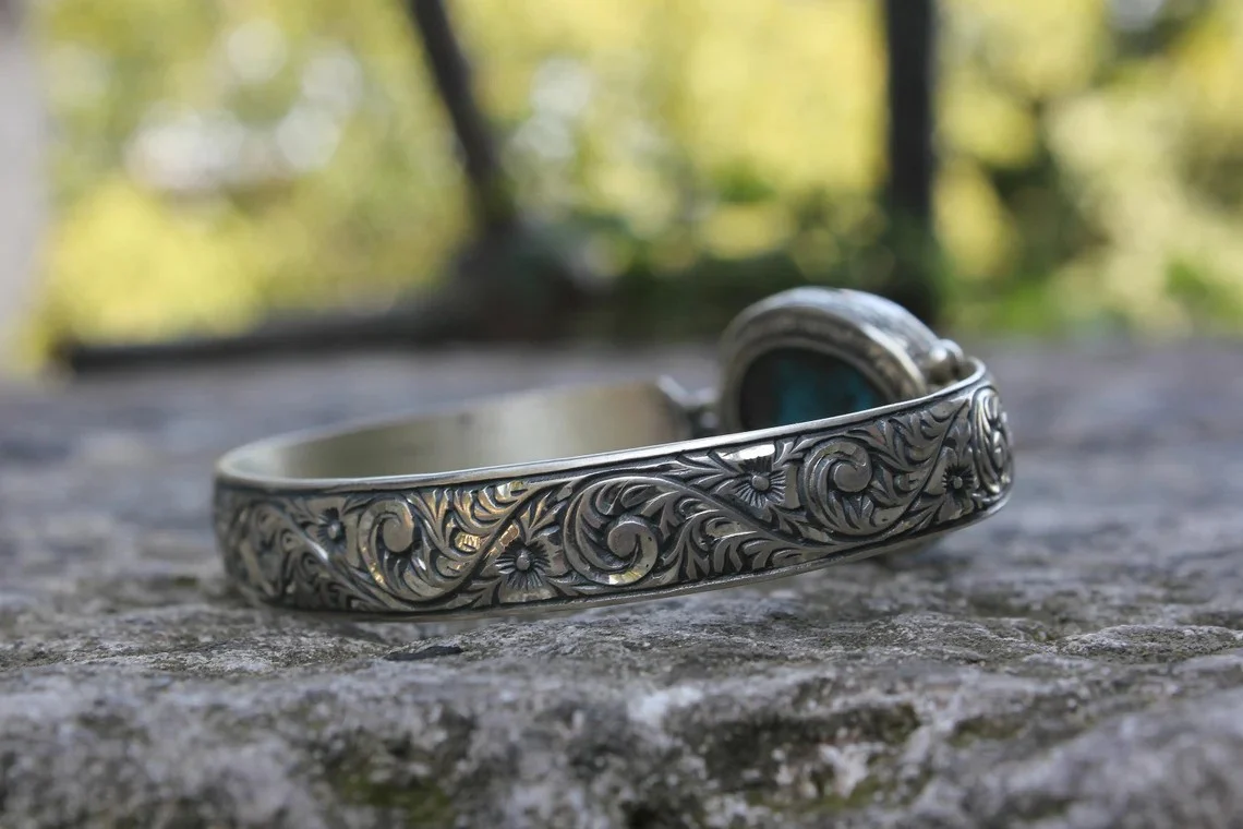 Hand-Engraved Bracelet Cuff with 35 Ct Natural Irani Turquoise | 925 Sterling Silver Bracelet | With Certificate of Authenticity and 925 Hallmark - Image 8