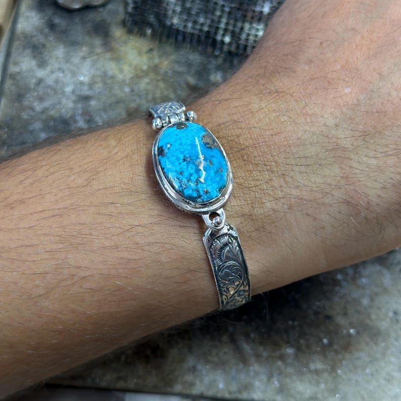 Hand-Engraved Bracelet Cuff with 35 Ct Natural Irani Turquoise | 925 Sterling Silver Bracelet | With Certificate of Authenticity and 925 Hallmark - Image 9