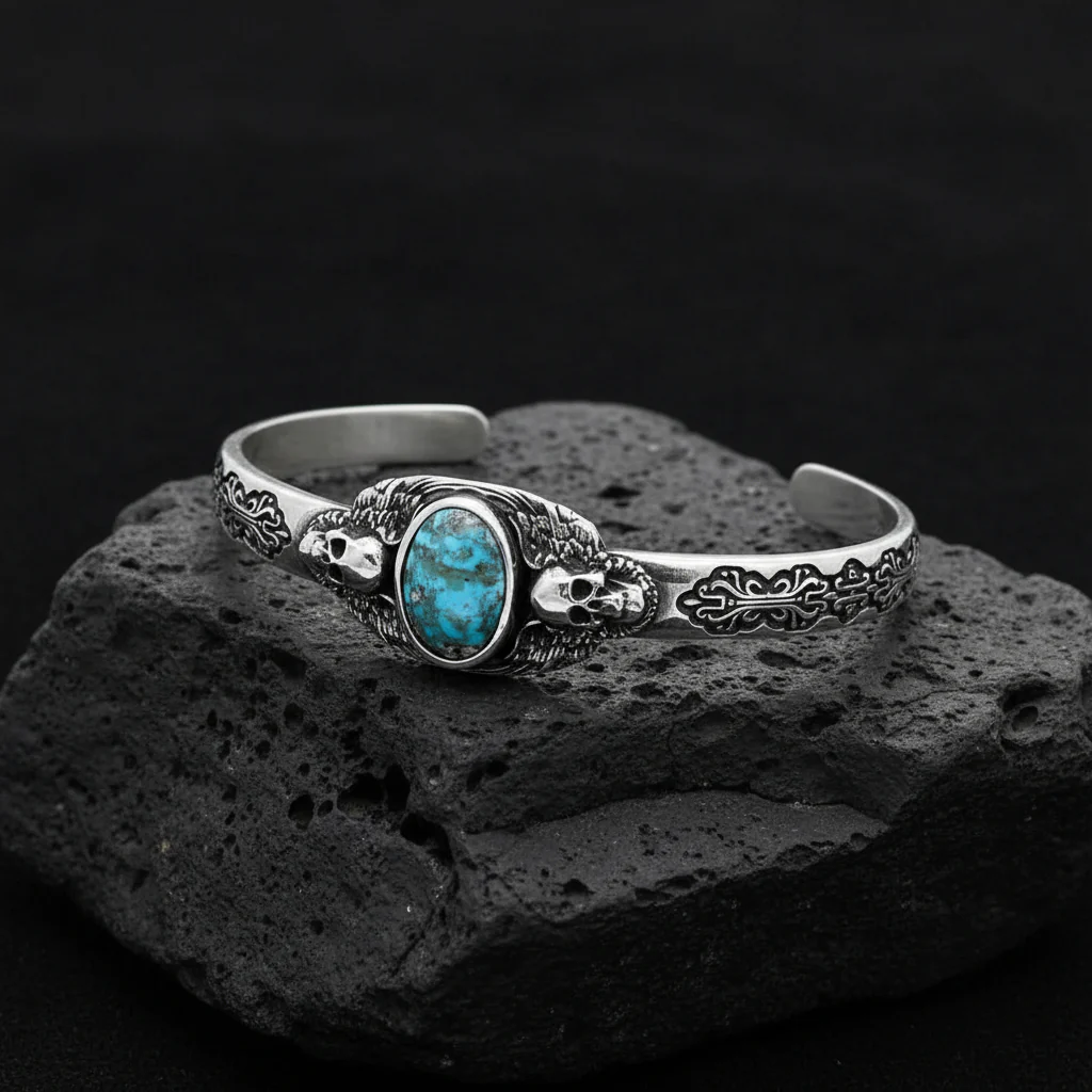 RARE PRINCE by CARAT SUTRA | Adjustable Skull Cuff/ kada with Natural Irani Turquoise (Firoza) | 925 Sterling Silver Bracelet | With Certificate of Authenticity and 925 Hallmark
