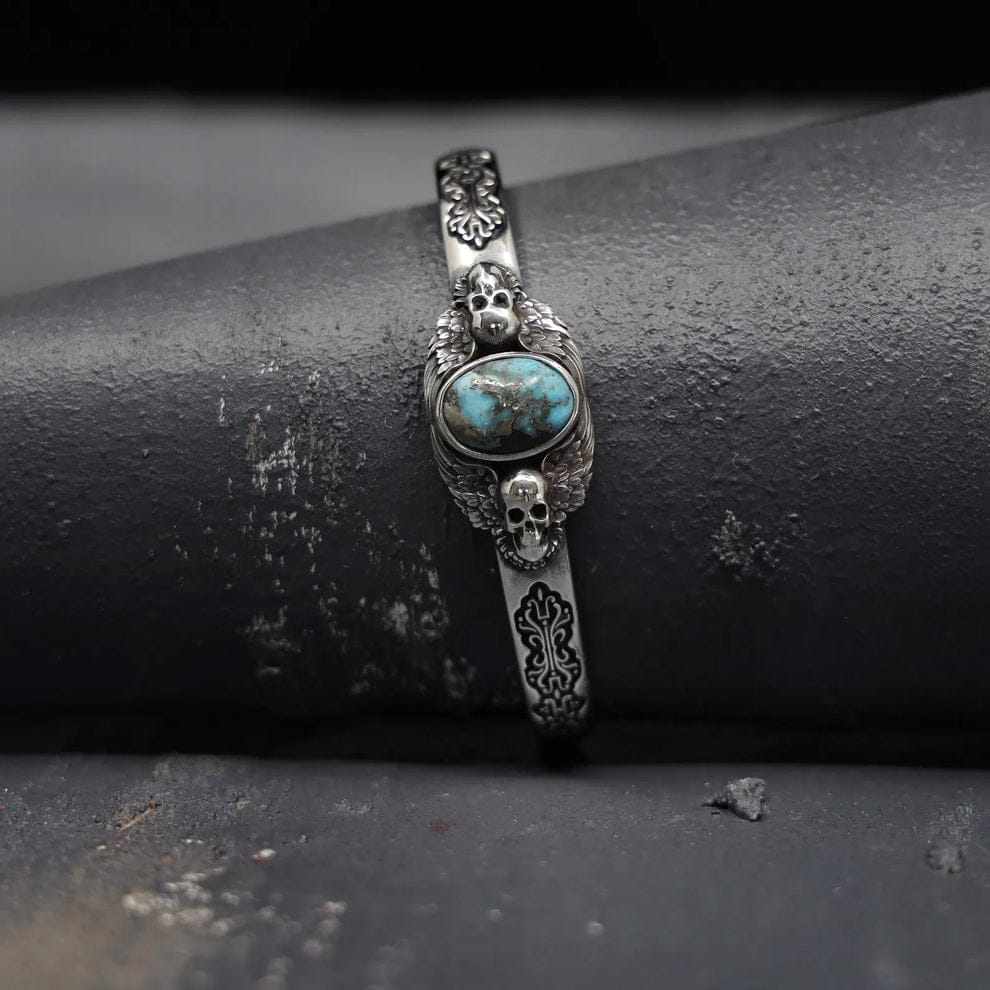 RARE PRINCE by CARAT SUTRA | Adjustable Skull Cuff/ kada with Natural Irani Turquoise (Firoza) | 925 Sterling Silver Bracelet | With Certificate of Authenticity and 925 Hallmark - Image 2
