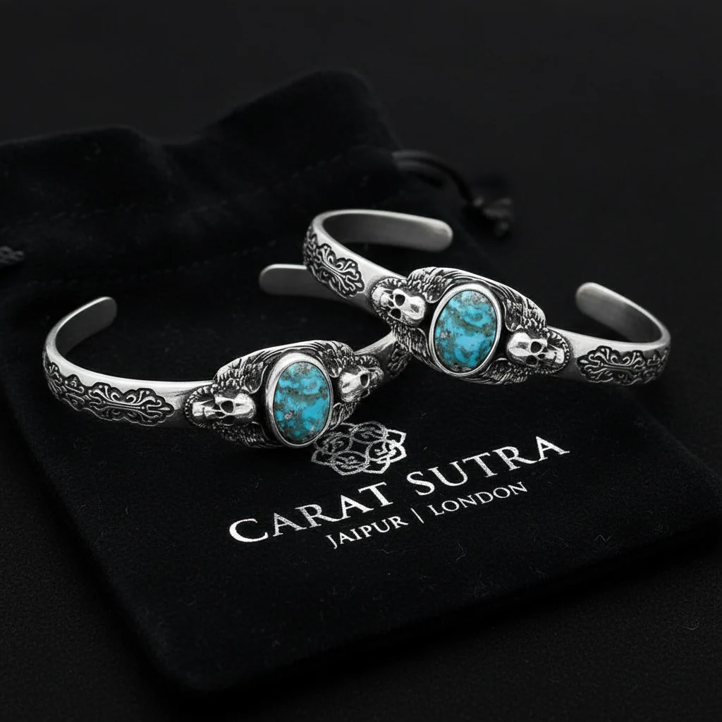 RARE PRINCE by CARAT SUTRA | Adjustable Skull Cuff/ kada with Natural Irani Turquoise (Firoza) | 925 Sterling Silver Bracelet | With Certificate of Authenticity and 925 Hallmark - Image 3