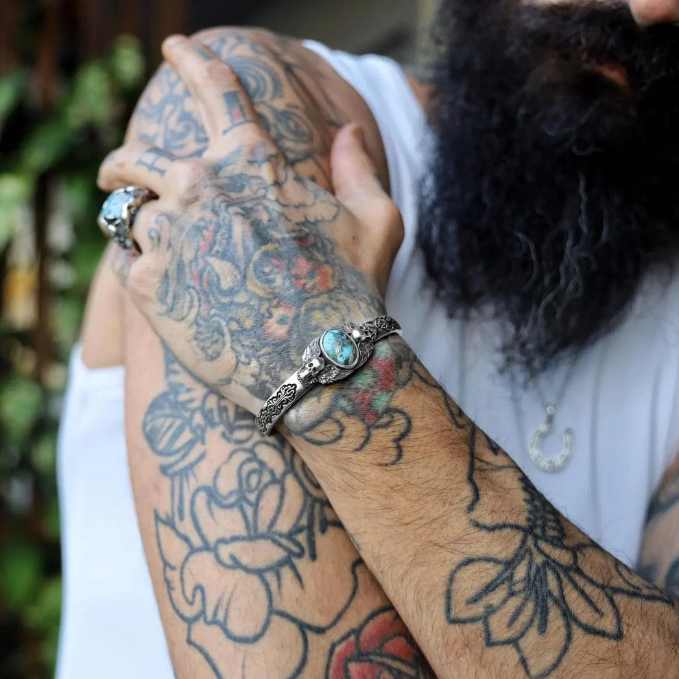 RARE PRINCE by CARAT SUTRA | Adjustable Skull Cuff/ kada with Natural Irani Turquoise (Firoza) | 925 Sterling Silver Bracelet | With Certificate of Authenticity and 925 Hallmark - Image 4
