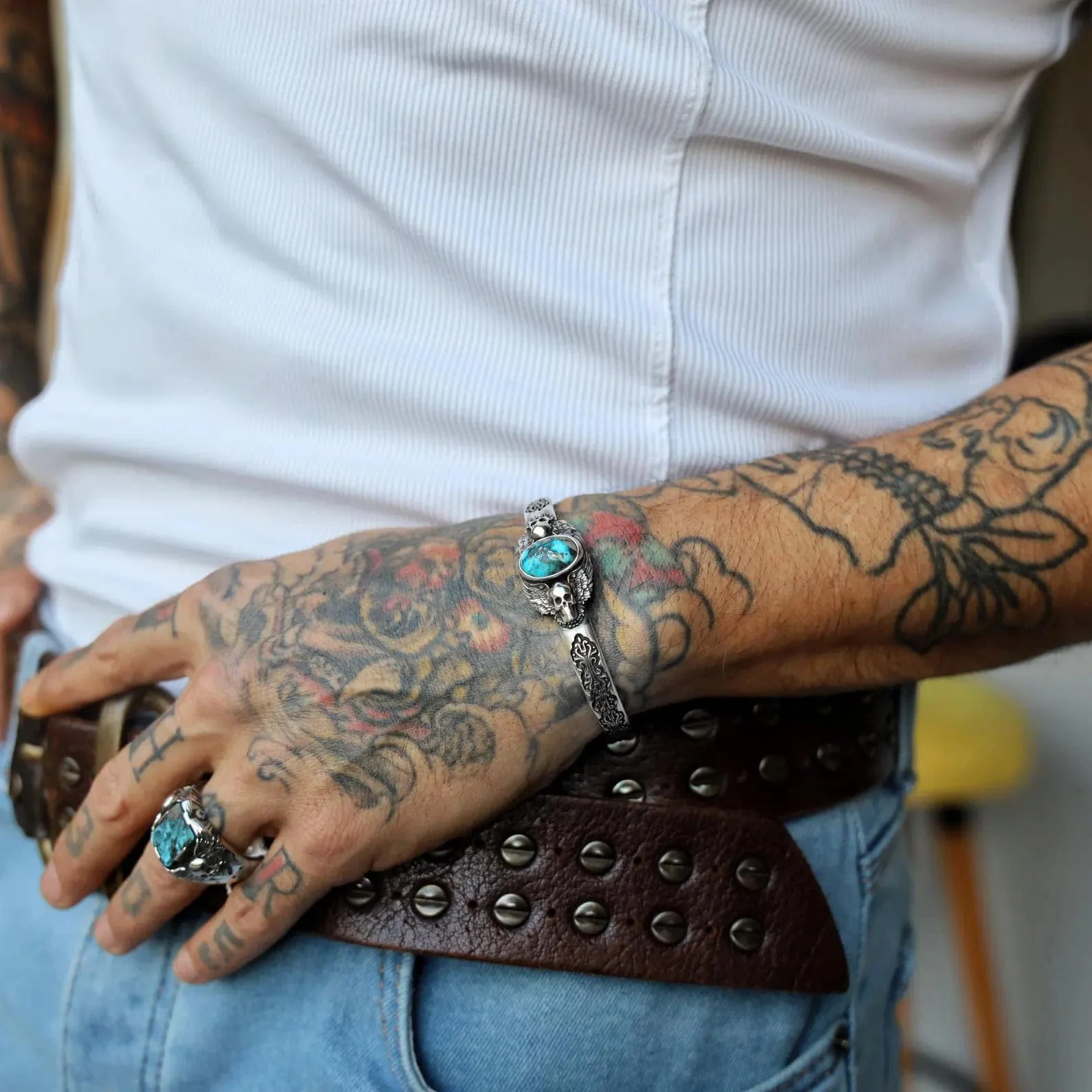 RARE PRINCE by CARAT SUTRA | Adjustable Skull Cuff/ kada with Natural Irani Turquoise (Firoza) | 925 Sterling Silver Bracelet | With Certificate of Authenticity and 925 Hallmark - Image 5