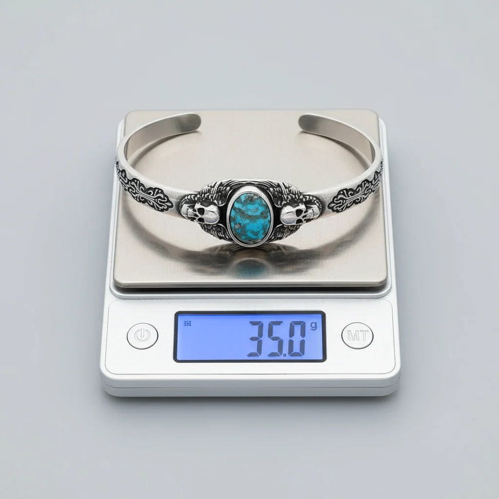 RARE PRINCE by CARAT SUTRA | Adjustable Skull Cuff/ kada with Natural Irani Turquoise (Firoza) | 925 Sterling Silver Bracelet | With Certificate of Authenticity and 925 Hallmark - Image 7