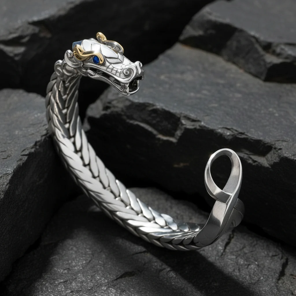 RARE PRINCE by CARAT SUTRA | Naga Oxidized Dragon Bracelet with Blue Eyes in Gun Metal Finish | 925 Sterling Silver Oxidized Bracelet | Unisex Jewelry | With Certificate of Authenticity and 925 Hallmark