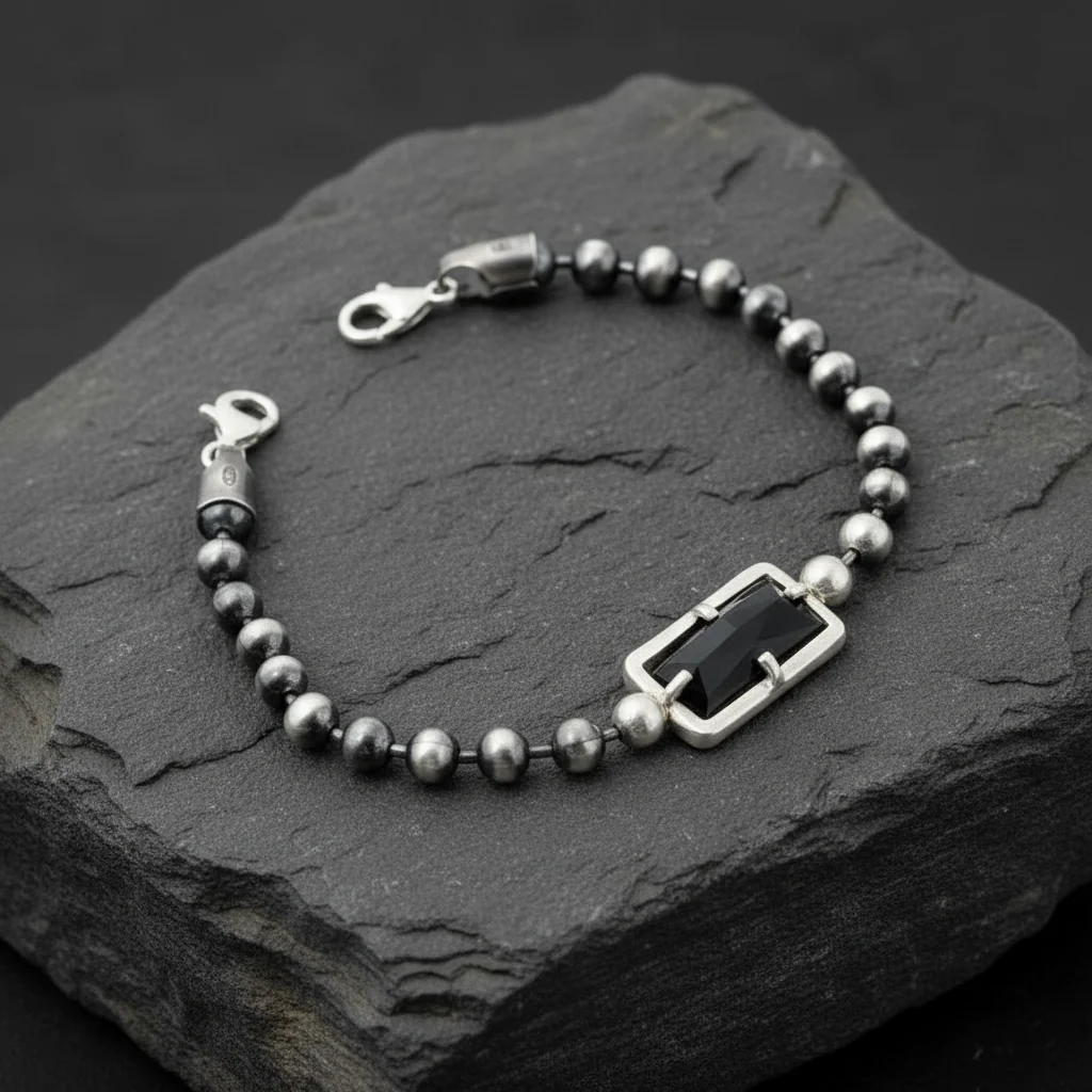 RARE PRINCE by CARAT SUTRA |  Natural Black Onyx Bracelet for Men | 925 Sterling Silver Bracelet | Men's Jewelry | With Certificate of Authenticity and 925 Hallmark