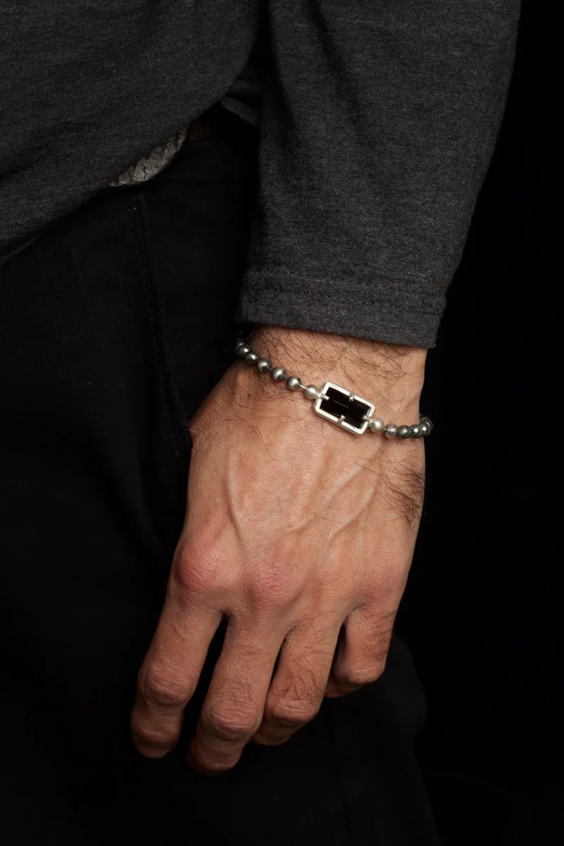 RARE PRINCE by CARAT SUTRA |  Natural Black Onyx Bracelet for Men | 925 Sterling Silver Bracelet | Men's Jewelry | With Certificate of Authenticity and 925 Hallmark - Image 2