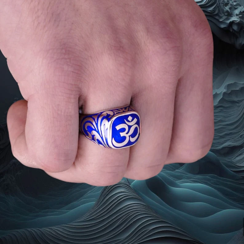 RARE PRINCE by CARAT SUTRA | Om Symbol with Blue Enamel Signet Ring for Men, Sterling Silver 925 Ring | Jewellery for Men| With Certificate of Authenticity and 925 Hallmark - Image 3
